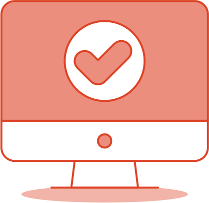 Red illustration of a desktop computer with a tick on the screen.