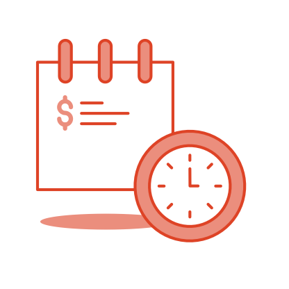 A white notepad with a currency symbol appears in the background, and a red clock appears in front
