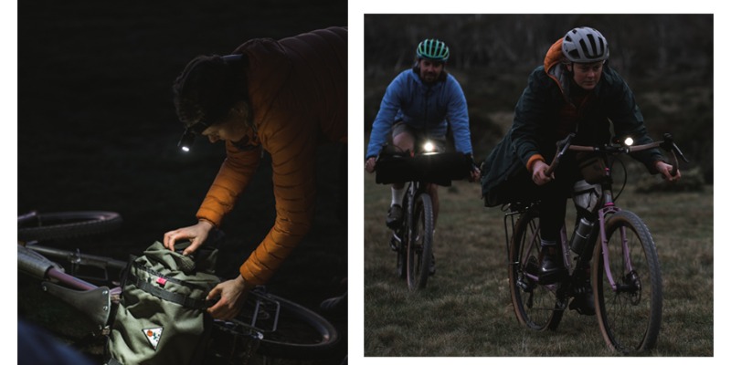 A man works in the dark, wearing a headlamp shining down on a bike. Two people riding bikes with headlamps.