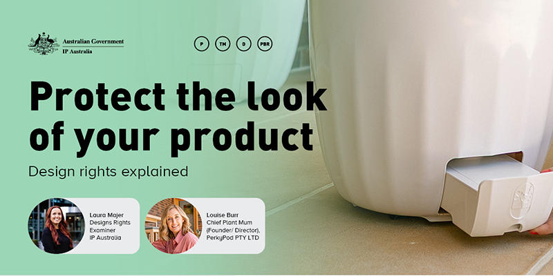 Promotional banner for'Protect the look of your product' design rights webinar. It shows a hand removing the water catchment drawer from a PerkyPod, an Australian-made self-draining plant pot.