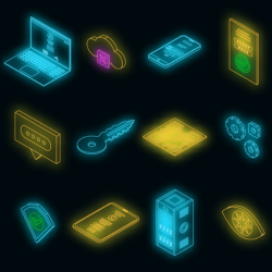 A grid of glowing neon icons representing cyber security. Icons include a laptop, cloud, smartphone, padlock, key, server, warning sign and fingerprint. Used to illustrate multi-factor authentication.