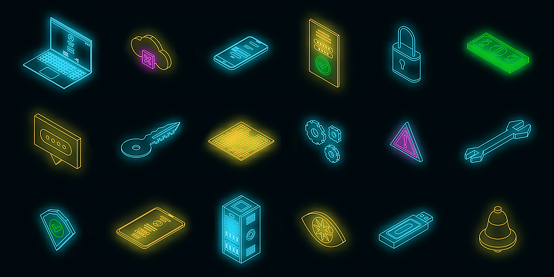 A grid of glowing neon icons representing cyber security. Icons include a laptop, cloud, smartphone, padlock, key, server, warning sign and fingerprint. Used to illustrate multi-factor authentication.