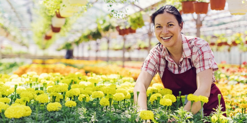 Lady rearranges flowers in a greenhouse with a big smile