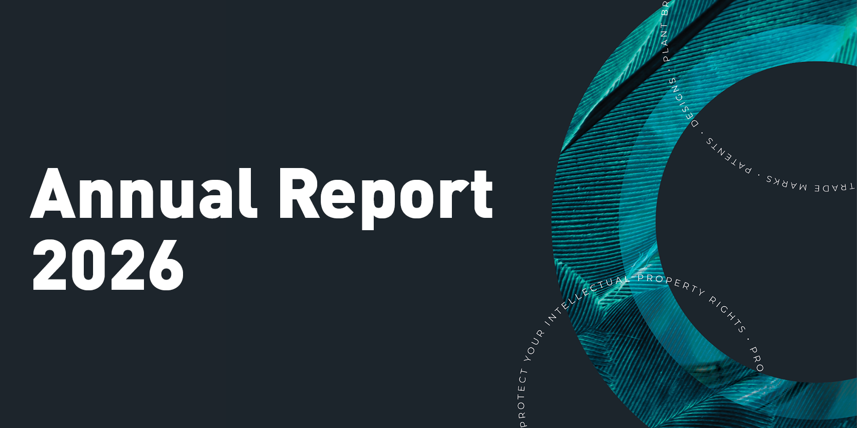 White text reading 'Annual Report 2026' on a dark background, with an abstract teal circular design on the right.