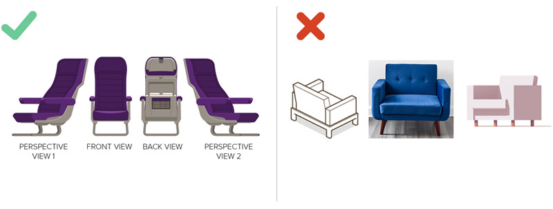 Four displays of chair at different angles with green tick in the top left hand corner. Three incorrect displays of chairs with red cross in top left hand corner