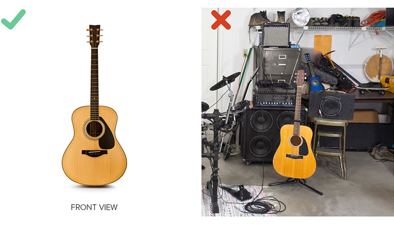 Front view of a guitar with white background and green tick in the top left hand corner. Front view of a guitar in cluttered band room, a red cross in the top left hand corner 